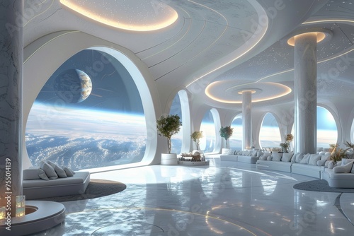 A luxurious space hotel lobby with guests enjoying futuristic amenities and Earth-viewing windows. photo