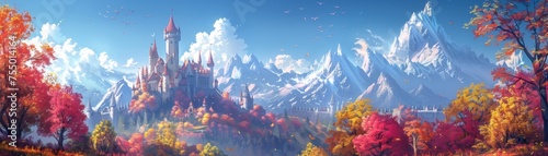 The towering stone castle, guarded by armored knights, stands amidst a vibrant forest under a clear, expansive sky.