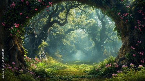 A magical woodland filled with towering trees and lush greenery, painted in vibrant digital hues.