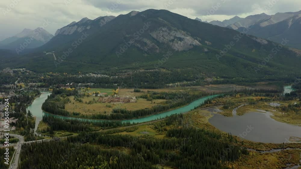 Aerial view of the Bow River and Vermilion Lakes near Banff. Aerial view of the Bow River and Vermilion Lakes near Banff.