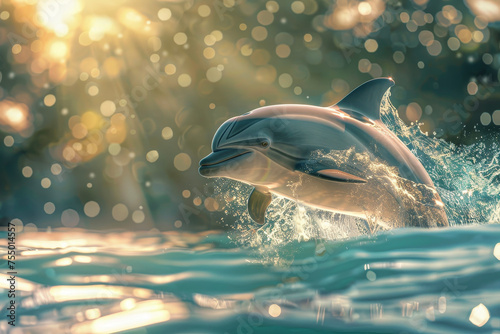 A playful dolphin leaps out of an invisible ocean, its flippers reaching for the sun. Water droplets sparkle around it