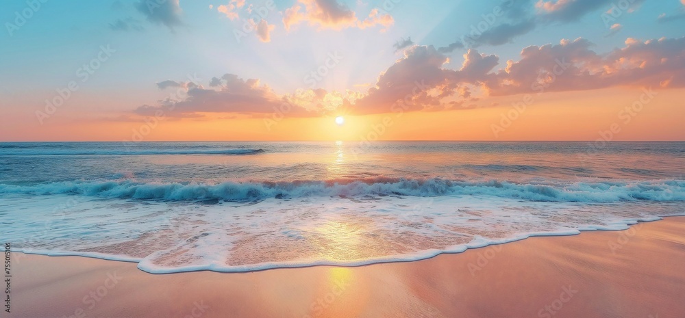 Stunning sunset/sunrise over ocean, soft waves, sandy beach, colorful sky. Generative AI