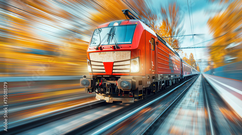 Dynamic image of a speeding electric train captured with rear curtain sync motion blur