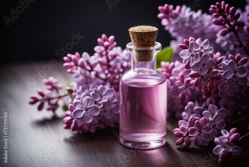Photo unique and aromatic lilac fragrance in vial. blooming lilac scent photography