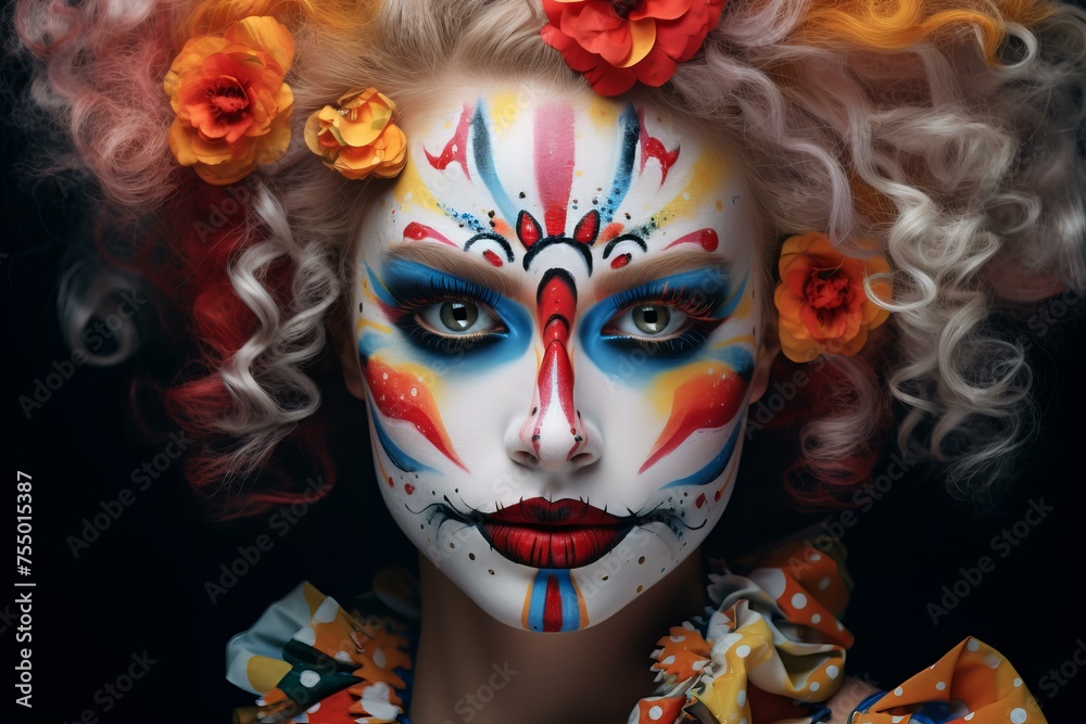 Fototapeta premium Vivacious Girl happy clown. Party person at summer birthday. Generate Ai