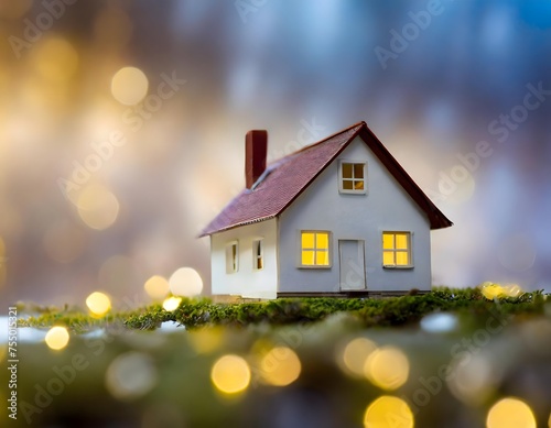 Miniature house is a symbol of mortgage and home ownership on blurred background.
