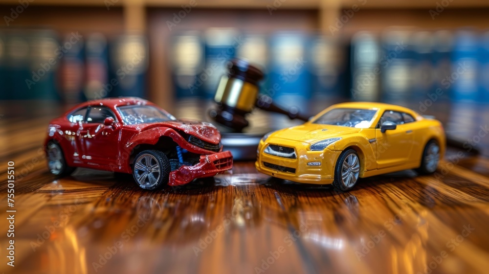 In the courtroom, there is a broken auto laying on the table. A gavel and two small toy car models rest on the desk. The lawyer is discussing lawyer services, civil court trials, vehicle accidents,