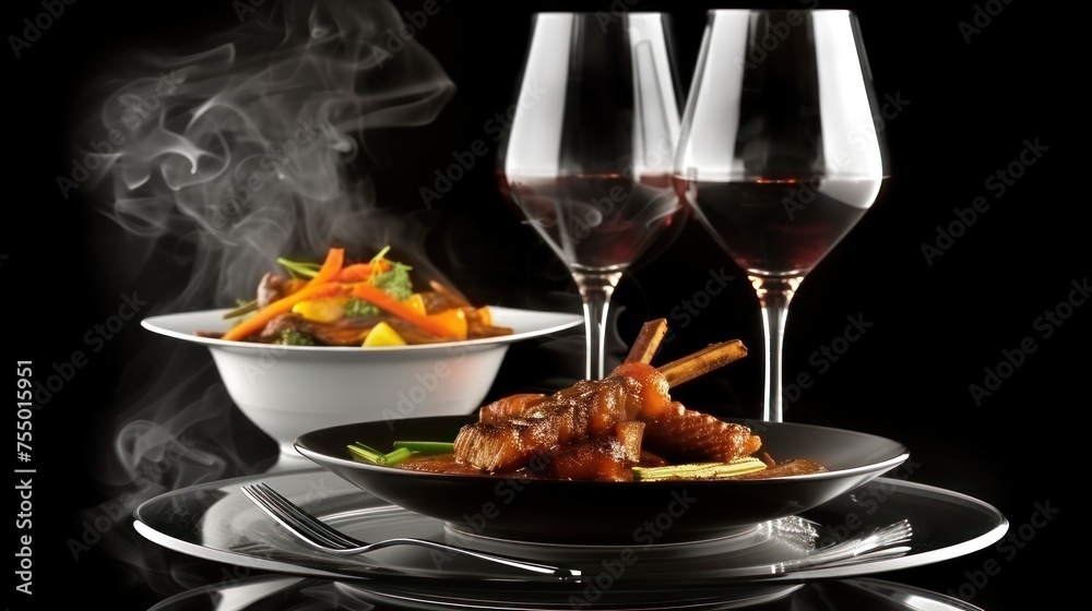 a plate of food with a glass of wine next to it and a bowl of vegetables and a glass of wine.