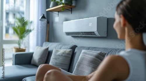 The husband and wife of a young family use a convenient air conditioning system in their living room to create a pleasant environment. They set the temperature to a comfortable level on the