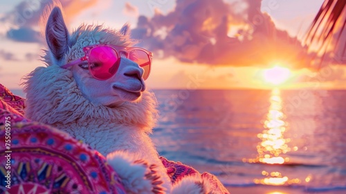 Close-up of an alpaca wearing sunglasses at sunset with a serene sea backdrop.