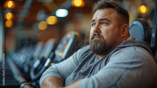 An overweight man is tired after working out on a simulator photo