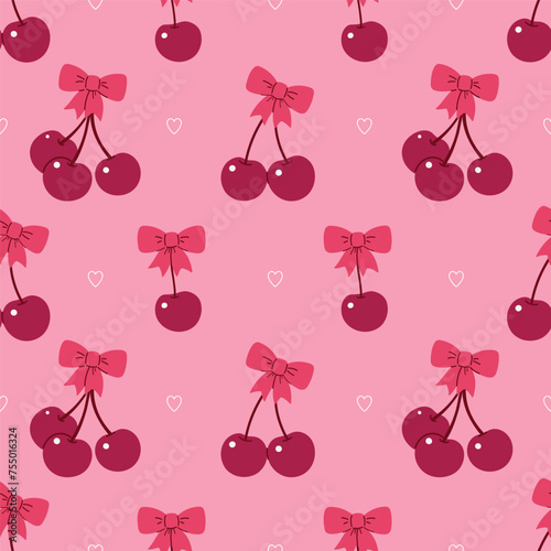 Seamless pattern with cherries and bows. Vector graphics.