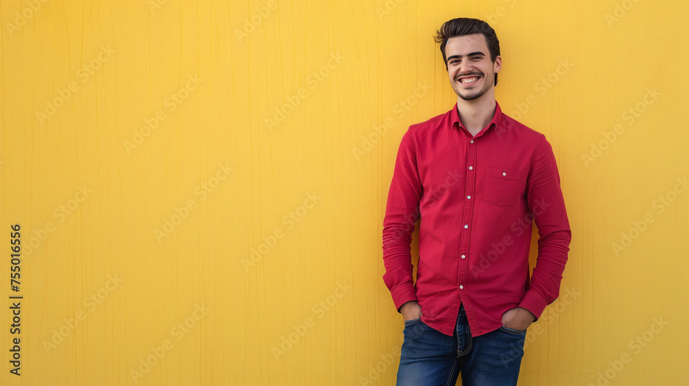 man stand and smile with yellow wall red shirt, with jeans professional photography man stand and smile with yellow wall red shirt, with jeans professional photography