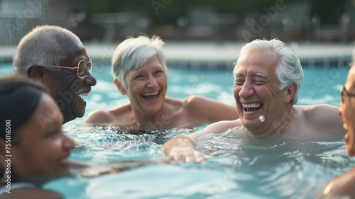 Friends laugh together in a sunlit pool, embodying joy and leisure  ideal for depicting vacations, retirement, or summer events. © iSomboon