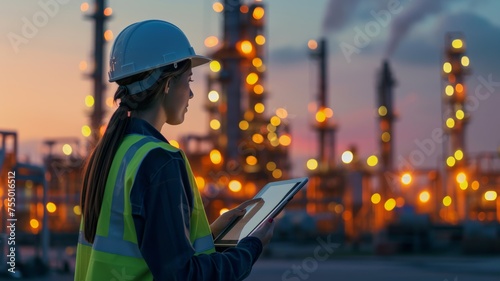 Female industrial worker in a safety helmet and high-visibility vest using a tablet at a twilight-lit refinery, symbolizing industry, technology, and labor.