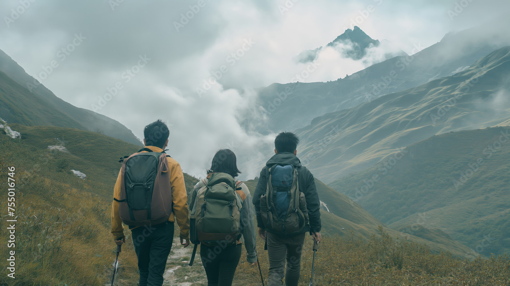 Three hikers with backpacks walking on a trail in a misty mountain landscape could be used for outdoor, nature, or wellness-themed projects.