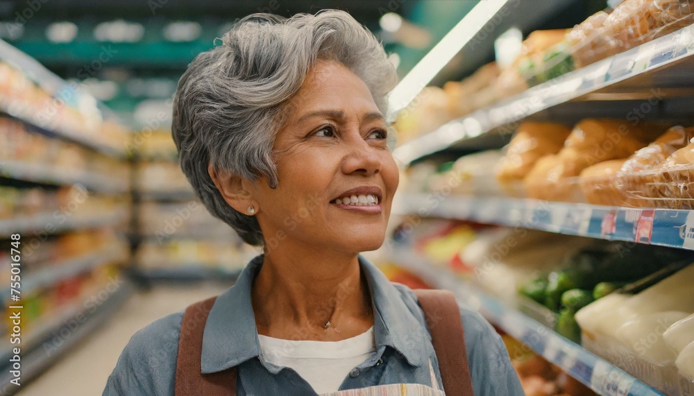 : Retired eldery woman stands by shelves with products in a grocery store and look at the prices. Economic crisis, inflation, dairy products price increase