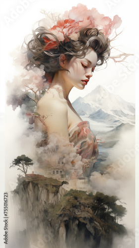 Asian woman in kimono double exposure with nature