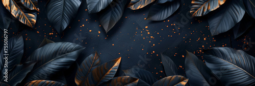 A dark luxurious background of metallic black and gold tropical leaves. Horizontal botanical tropical minimal surrealistic banner