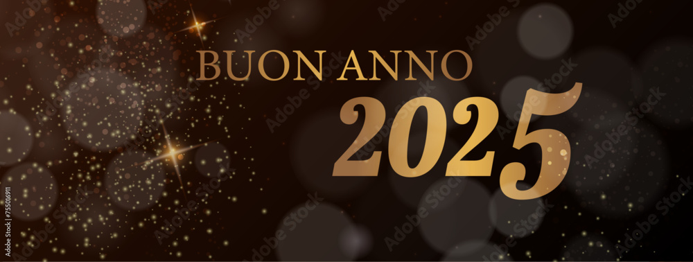 biglietto o striscione per augurare un felice anno nuovo 2025 in oro su sfondo nero con cerchi di stelle e glitter color oro con effetto bokeh - obrazy, fototapety, plakaty 