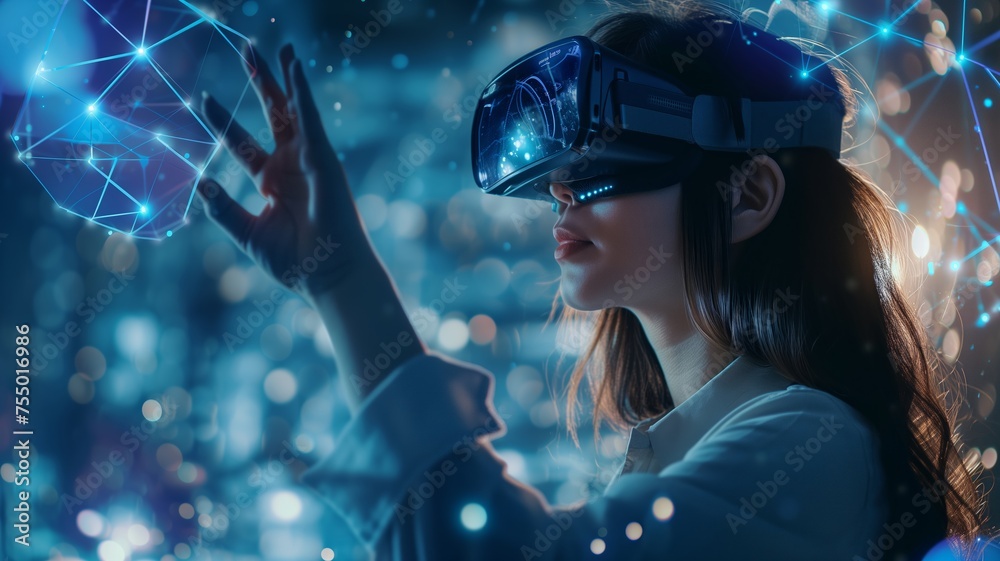 A woman wearing a VR headset is immersed in a futuristic digital world with neon blue lights and glowing polygons, suitable for tech events or modern entertainment. A woman wearing a VR headset is immersed in a futuristic digital world with neon blue lights and glowing polygons, suitable for tech events or modern entertainment.