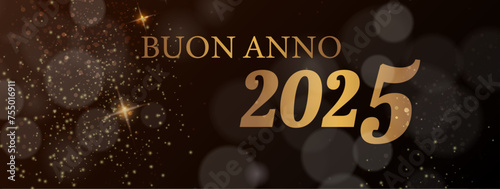 biglietto o striscione per augurare un felice anno nuovo 2025 in oro su sfondo nero con cerchi di stelle e glitter color oro con effetto bokeh photo