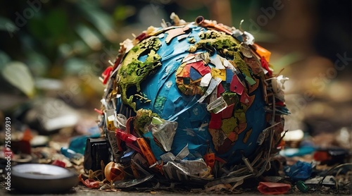 World Environment Day. Planet Earth made of garbage. Concept about environmental protection. Garbage sorting.