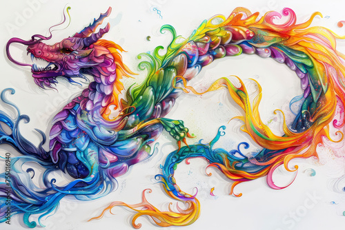 A whimsical dragon, rainbow-hued, dances across the canvas. © mila103