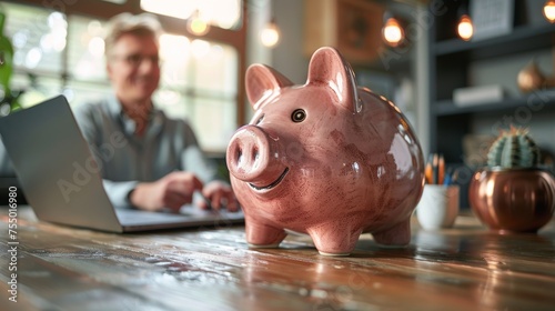 Soft focus of a piggy bank on a desk with blurred elderly man working on a laptop while filling out an Internet pension application, doing personal financial management or paying bills online. photo