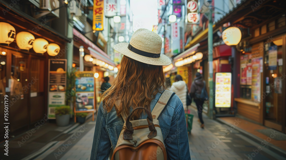 female tourist backpacker at shopping street in Osaka, Japan. Wanderlust concept.