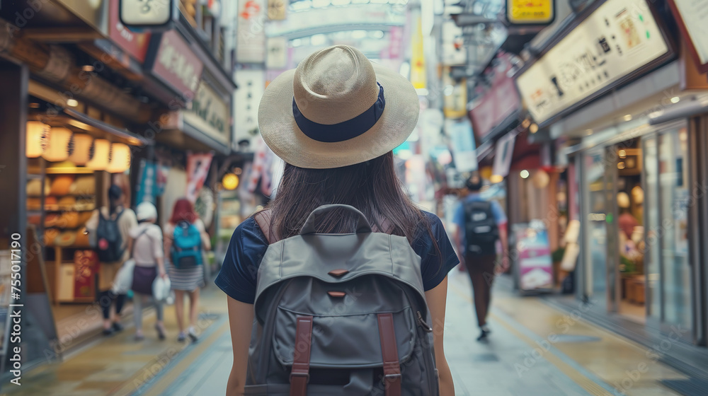 female tourist backpacker at shopping street in Osaka, Japan. Wanderlust concept.