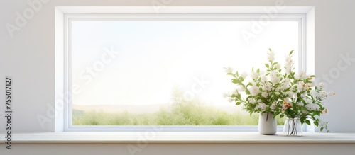 A vase filled with colorful flowers sits atop a window sill  casting a vibrant contrast against the white walls of the room. The window overlooks a summer landscape 