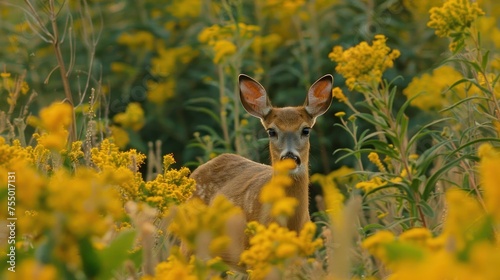 a close up of a deer in a field of flowers with a blurry background of trees and yellow flowers. photo