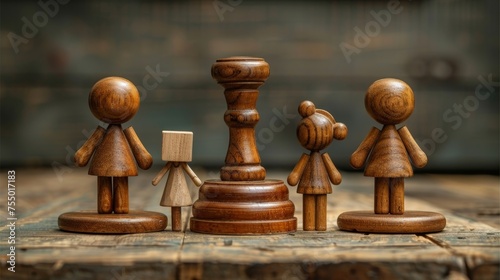 On the judge's table during a court hearing are a gavel, sound block, small wooden figurines of the couple and their young child. Family law, divorce attorney, joint custody idea and alimony concept