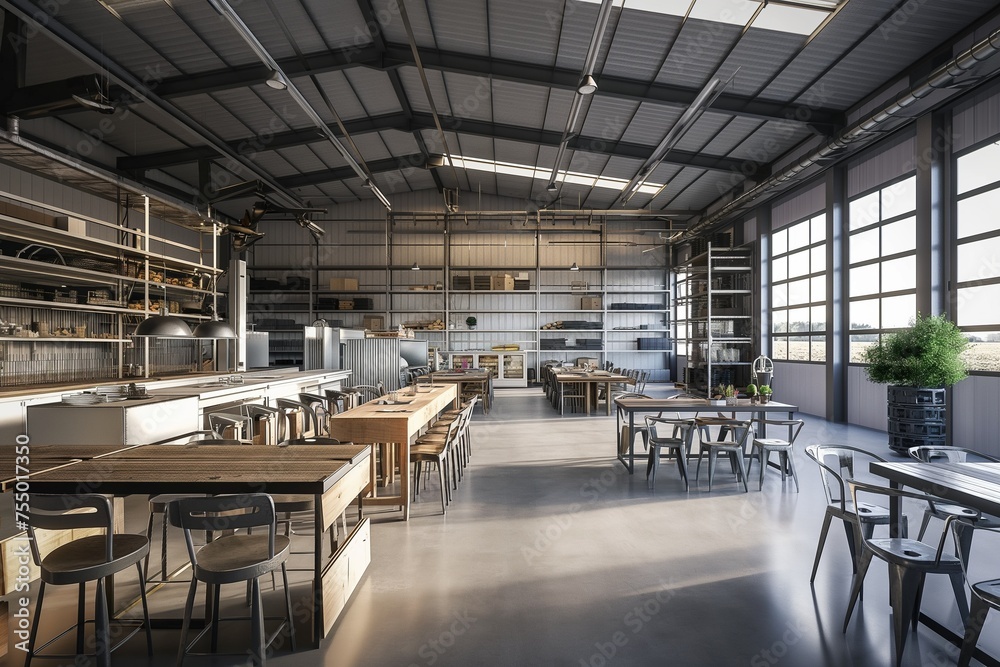 Modern high rack warehouse, dining room and kitchen in a large industrial space