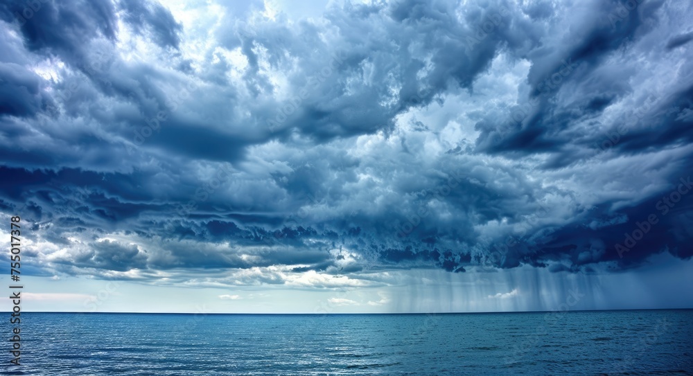 Dramatic Stormy Clouds over Sea. Nature Power in Dark and Stormy Sky with Rain over Water