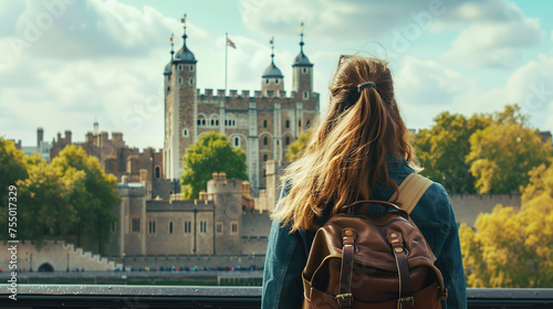 female tourist backpacker looking at tower of London, England. Wanderlust concept.
