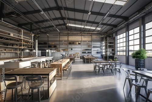 Modern high rack warehouse, dining room and kitchen in a large industrial space