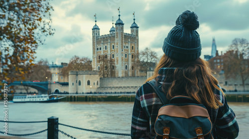 female tourist backpacker looking at tower of London, England. Wanderlust concept. © Tepsarit