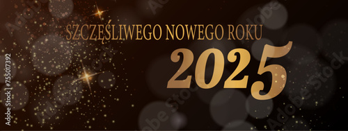 karta lub baner z życzeniami szczęśliwego nowego roku 2025 w złocie na czarnym tle z kręgami gwiazd i złotym brokatem z efektem bokeh
