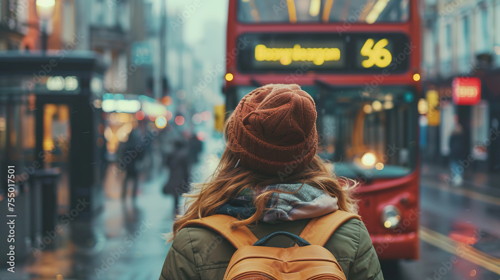 female tourist backpacker looking at 2 storey or double-decker red bus in  London, England. Wanderlust concept. - obrazy, fototapety, plakaty 