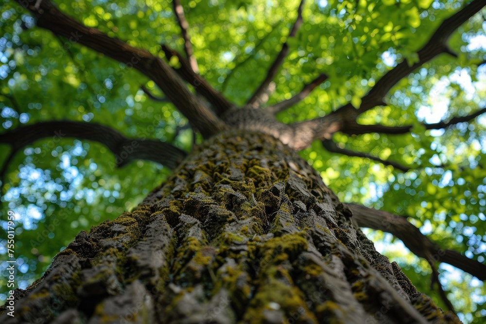 Fototapeta premium European Ash Tree: A Low Angle View of Nature's Foliage Against a Green Forest Background