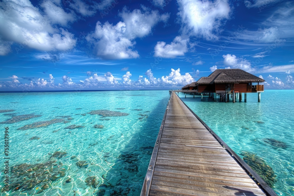 Exotic Maldives Island Landscape. Beautiful Beach with Blue Ocean Near a Holiday House and Hotel