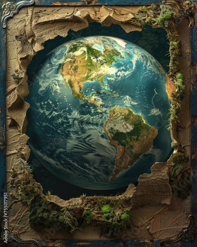 Frame with Earth Structure Map: America and Asia Continents with Countries on Planet Globe