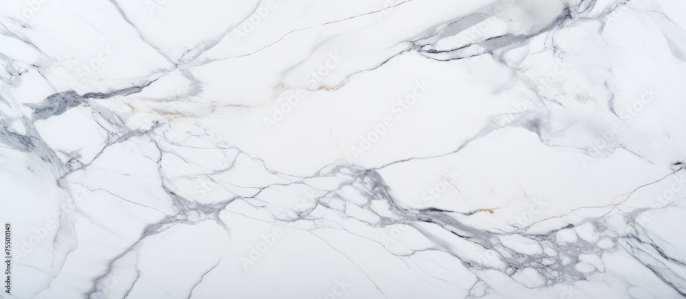 Detailed view of a white marble texture, showcasing intricate patterns and unique veins on the surface of the material. The close-up shot captures the natural elegance and beauty of the marble.