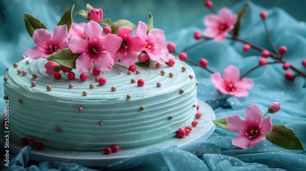 a close up of a white cake with pink flowers on top of it and a blue cloth in the background. a close up of a white cake with pink flowers on top of it and a blue cloth in the background.