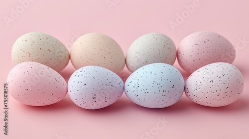 a group of speckled eggs sitting on top of each other on a pink and pink background with speckled eggs in the middle of the row.