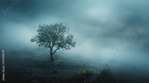 Gloomy Landscape: An Isolated Tree Surrounded by a Mysterious, Foggy and Natural Setting