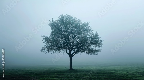 Gloomy Landscape with an Isolated Tree Shrouded in Fog, Surrounded by Mysterious Natural Woodland Scenery © Serhii