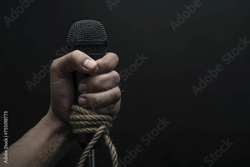 A hand is holding a microphone with a rope around it. Concept of oppression and control, as the person is being held back from speaking freely photo